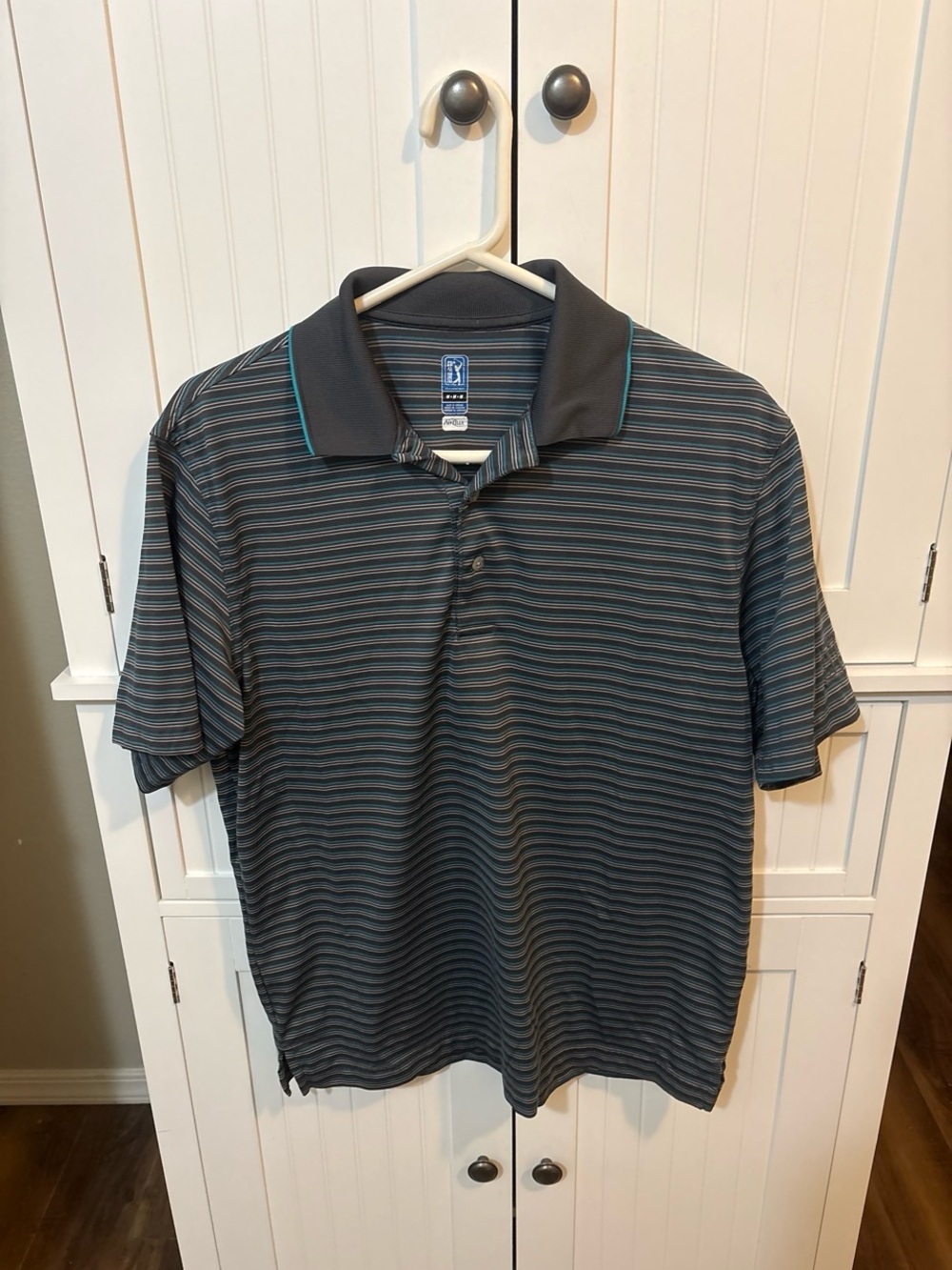 Dadcore PGA Tour Men’s Medium Striped Performance Golf Polo Black Gray Teal